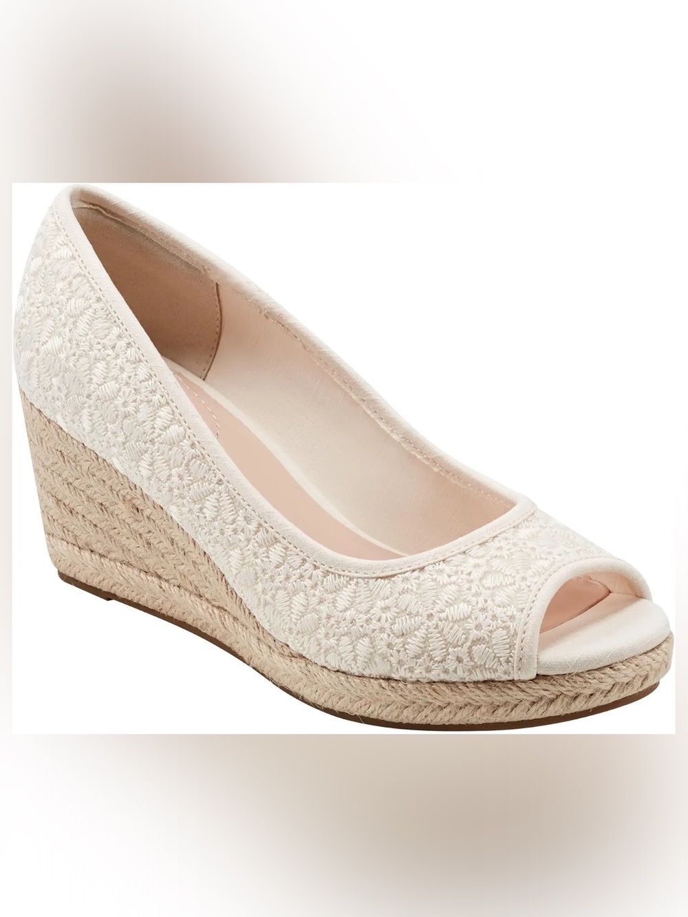 Bandolino Cream Embroidered Peep-Toe Espadrille Wedge